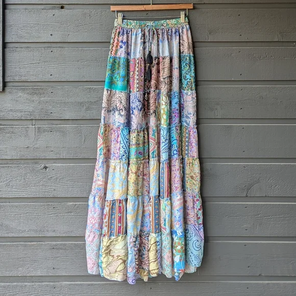 India Boutique Colorful Patchwork Lightweight Flowy Maxi Skirt Free Size - Picture 9 of 9